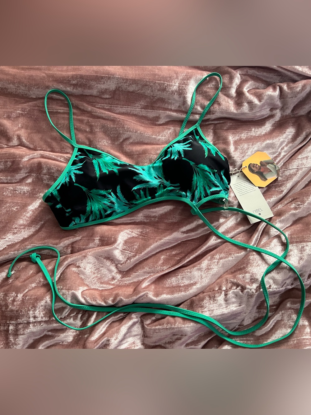 Fe Noel Black with Green Palm Print top